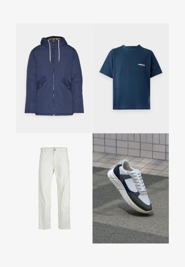 Navy plava podstava jakna s kapuljačom, koja ima prednji patentni zatvarač, dva bočna džepa s gumbima i bijele špage.; Tamno plavi pamučni majica s kratkim rukavima i okruglim izrezom. Ima mali bijeli logo na lijevoj strani prsnog područja. Mekana tekstura.; Bijele cargo hlače s opuštenim krojem, prednjim kopčanjem na gumb i više džepova s bočnih strana, izrađene su od izdržljive pamučne tkanine.; Bijela, mornarsko plava i siva tenisica s dizajnom od miješanih materijala, koja ima teksturirani gornji dio, ravne vezice i udoban đon.