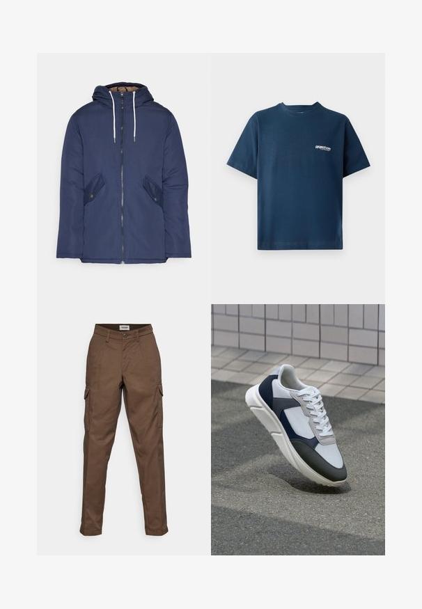 Marineblå polstret jakke med hette, med glidelås foran, to sidelommer med knapper og hvite snorer.; Marineblå bomull T-skjorte med korte ermer og rund hals. Har en liten hvit logo på venstre brystområde. Myk tekstur.; Brune cargo bukser med flad front, to sidelommer og en enkelt cargo lomme på venstre ben. Lavet af slidstærkt stof med lige ben-design.; Hvitt, marineblått og grått sportsko med en blandet materialdesign, som har en teksturert overdel, flate snørebånd og en polstret såle.