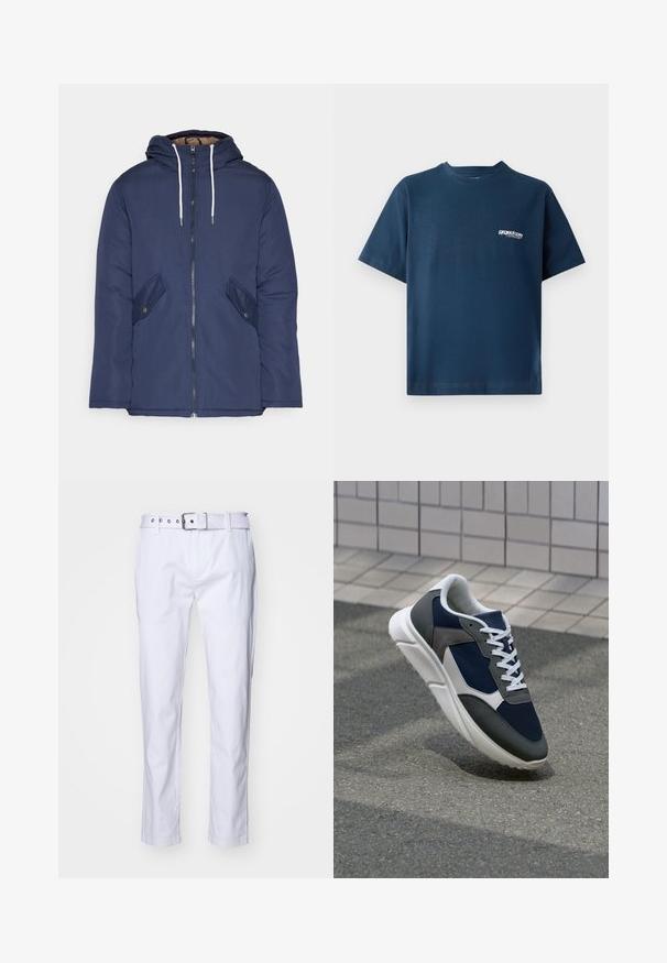 Tumesinine vahtkatseline jakk, millel on kapuuts, esilukk, kaks küljetaskut nupuga ja valged tõmblukud.; Tumed sinine puuvillane t-särk lühikeste varrukatega ja ümmarguse kaelusega. Vasakul rinnal on väike valge logo. Pehme tekstuur.; Valged puuvillased püksid sirge lõikega, millel on tekstuuriga kangas, vööaugu silmad ja sobiv vöö hõbedaste detailidega.; Sneaker, mille sinine võrkkangas, hallid nubukdetailid, valge kummitald ja lamedad valged paelad, disainitud mugavuseks ja hingavuseks.