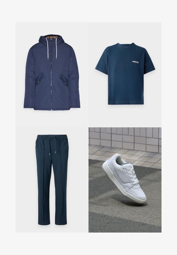 Mørkeblå polstret jakke med hætte, fremhævet af en frontlynlås, to sidelommer med knapper og hvide snore.; Mørkeblå bomulds-t-shirt med korte ærmer og rund halsudskæring. Har et lille hvidt logo på venstre brystområde. Blød tekstur.; Marineblå bukser med elastisk talje og snoretræk. Har sidelommer og et lige ben-design med en glat tekstur.; Hvide lædersneakers med perforerede sider, teksturerede detaljer, flade snørebånd og en kontrasterende grå hæl. Har en let forhøjet sål.