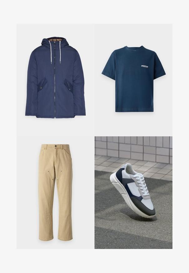 Marineblå polstret jakke med hette, med glidelås foran, to sidelommer med knapper og hvite snorer.; Marineblå bomull T-skjorte med korte ermer og rund hals. Har en liten hvit logo på venstre brystområde. Myk tekstur.; Kaki cargo bukser laget av bomull med avslappet passform, med to sidelommer med glidelås og synlige stikninger.; Hvitt, marineblått og grått sportsko med en blandet materialdesign, som har en teksturert overdel, flate snørebånd og en polstret såle.