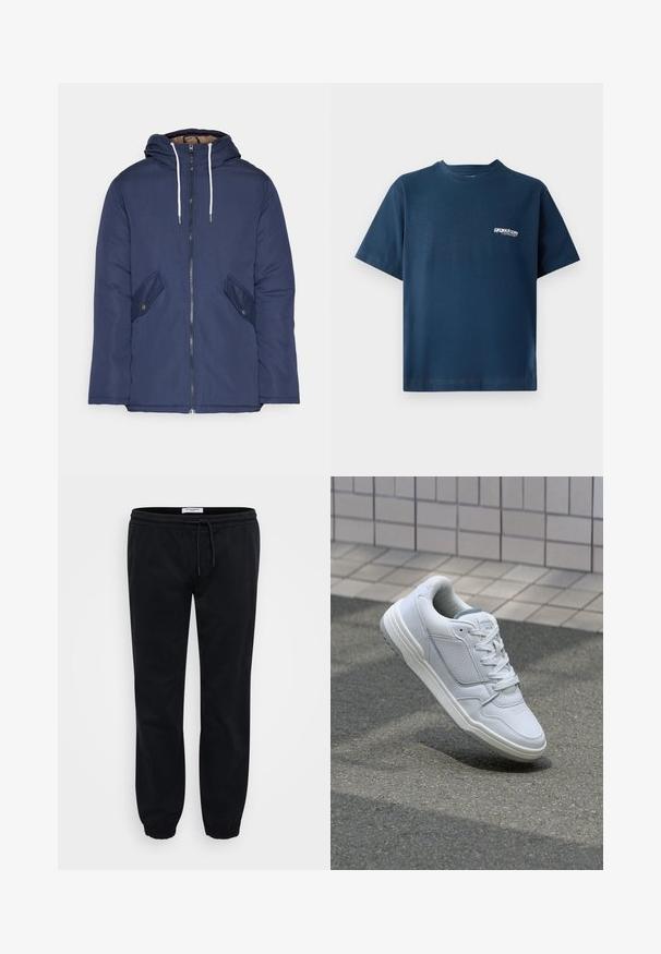 Navy blue padded jacket with a hood, featuring a front zipper, two side pockets with buttons, and white drawstrings.; Navy blue cotton t-shirt with short sleeves and a round neckline. Features a small white logo on the left chest area. Soft texture.; Black sweatpants made of soft cotton with an elastic waistband and drawstring. Features elastic cuffs and side pockets for utility.; White leather sneaker with perforated sides, textured accents, flat laces, and a contrasting gray heel. Features a slightly elevated sole.