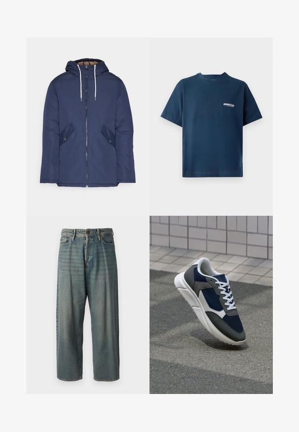 Mornarsko modra podložena jakna s kapuco, ki ima sprednji zadrgo, dva stranska žepa s gumbi in bele vrvice.; Temno modra bombažna majica s kratkimi rokavi in okroglim izrezom. Ima majhen beli logotip na levi strani prsnega predela. Mehek material.; Svetlomoderne kavbojke z ohlapnim krojem, srednjim pasom in ravnimi nogami. Imajo pet žepov, zanke za pas in zapiranje na gumb.; Superge z zgornjim delom iz mrežaste tkanine v mornarsko modri barvi, sivi usnjeni poudarki, belo gumijasto podplato in ravnimi belimi vezalkami, zasnovane za udobje in zračnost.