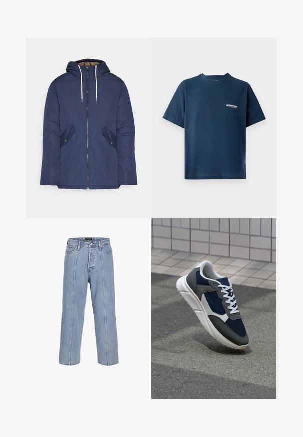 Laivasilkkinen vuorattu takki hupulla, jossa on etuvetoketju, kaksi nappikiinnityksellä varustettua sivutaskua ja valkoiset nyörit.; Laivansiniset puuvillapaidat, joissa on lyhyet hihat ja pyöreä kaula-aukko. Vasen rinta-alue on varustettu pienellä valkoisella logolla. Pehmeä rakenne.; Vaaleansiniset farkut, joissa on löysä istuvuus, leveät lahkeet ja näkyvät ompelu részletek. Sisältää napin ja vetoketjun sulkemisen, viisi taskua.; Kengät, joissa on tummansininen verkkopäällinen, harmaat mokka-yksityiskohdat, valkoinen kumipohja ja litteät valkoiset nauhat, suunniteltu mukavuutta ja hengittävyyttä varten.