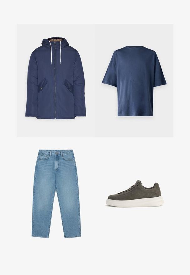 Giacca imbottita blu navy con cappuccio, dotata di zip frontale, due tasche laterali con bottoni e lacci bianchi.; Maglietta a maniche corte blu navy, realizzata in un tessuto morbido, presenta un classico colletto girocollo e una vestibilità comoda, senza motivi o dettagli visibili.; Jeans a gamba larga in denim azzurro chiaro con vita alta, dotati di cinque tasche, passanti per cintura e una consistenza morbida e leggermente sbiadita.; Guess ELBA - Sneakers basse - mehrfarbig grau