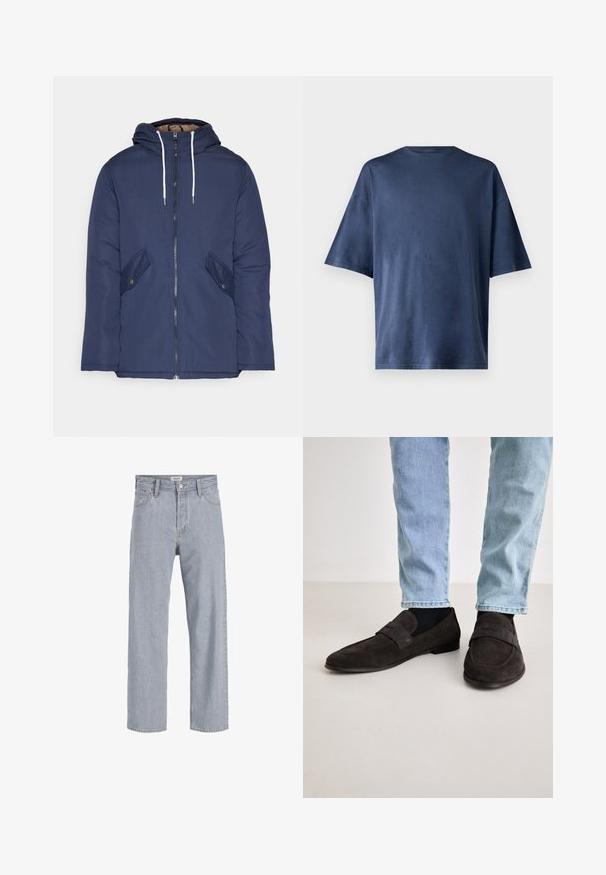 Námorně modrá prošívaná bunda s kapucí, která má přední zip, dvě boční kapsy s knoflíky a bílé šňůrky.; Tmavě modré tričko s krátkým rukávem, vyrobené z měkké tkaniny, má klasický kulatý výstřih a volný střih, bez viditelných vzorů nebo akcentů.; Světlé modré denimové džíny s uvolněným střihem, rovnými nohavicemi, viditelným šitím, dvěma předními kapsami a zapínáním na knoflík.; Tmavě hnědé semišové mokasíny s plochou podrážkou a širokým páskem přes nárt. Nosené s světle modrými džíny a černými ponožkami.