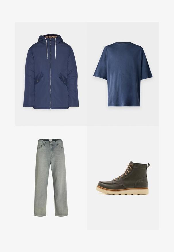 Tumesinine vahtkatseline jakk, millel on kapuuts, esilukk, kaks küljetaskut nupuga ja valged tõmblukud.; Tumesinine lühikeste varrukatega T-särk, valmistatud pehmest kangast, omab klassikalist ümarat kaelust ja mugavat lõiget, ilma nähtavate mustrite või aktsentideta.; Heledad hallhallid, laia lõikega denimist teksased. Omavad klassikalist viie tasku disaini, vööloopse ja sirget säärelõiget.; Tumedast rohelise nahast pahkluu saapad beežide nööpidega, pehmendusega krae ja tekstureeritud kummitald. Omab veekindlaid märke ja õmblusdetailideks.