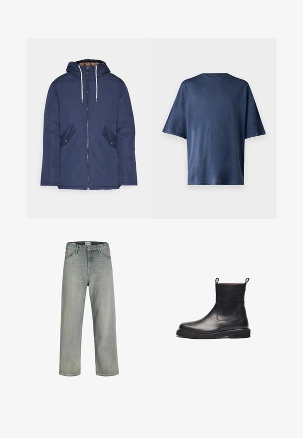 Veste matelassée bleu marine avec capuche, dotée d'une fermeture éclair à l'avant, de deux poches latérales avec boutons et de cordons de serrage blancs.; T-shirt navy bleu à manches courtes, fabriqué en tissu doux, présente un col rond classique et une coupe décontractée, sans motifs ni accents visibles.; Jeans gris clair, de coupe ample en denim. Présente un design classique à cinq poches, des passants de ceinture et une silhouette à jambe droite.; Bottine en cuir noir avec une finition lisse, des panneaux latéraux élastiques et des languettes de tirage, présentant un bout arrondi et une semelle en caoutchouc plate.