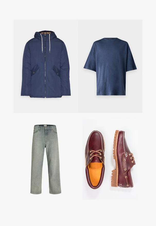 Marineblå polstret jakke med hette, med glidelås foran, to sidelommer med knapper og hvite snorer.; Marineblå kortermet T-skjorte, laget av myk stoff, har en klassisk rund hals og en avslappet passform, uten synlige mønstre eller aksenter.; Lys grå, løstsittende jeans laget av denim. Har en klassisk fem-lomme-design, beltehemper og en rett ben-silhuett.; Burgunderrøde lærsko med brune gummisåler, rund tå, hvide syninger og gyldne snørehuller. Indvendig har de en gul foring.
