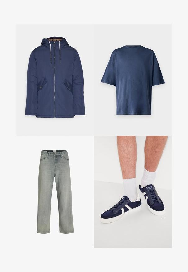 Tumesinine vahtkatseline jakk, millel on kapuuts, esilukk, kaks küljetaskut nupuga ja valged tõmblukud.; Tumesinine lühikeste varrukatega T-särk, valmistatud pehmest kangast, omab klassikalist ümarat kaelust ja mugavat lõiget, ilma nähtavate mustrite või aktsentideta.; Heledad hallhallid, laia lõikega denimist teksased. Omavad klassikalist viie tasku disaini, vööloopse ja sirget säärelõiget.; Tumed sinised spordijalatsid valgete detailide ja paeltega, omavad stiilset disaini, on valmistatud kangast ja kummist, tekstureeritud varba ja külgedega.