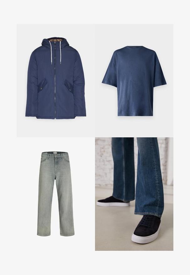 Jūras zila pufīgā jaka ar kapuci, kas aprīkota ar priekšējo rāvējslēdzēju, divām sānu kabatām ar pogām un baltiem aukliņām.; Navy zila īsām piedurknēm T-kreklā, izgatavots no mīksta auduma, ar klasisku apaļu kaklu un brīvu piegriezumu, bez redzamām rakstu vai akcentu detaļām.; Gai pelēki, brīvi pieguļoši džinsi no denima. Iekļauj klasisku piecu kabatu dizainu, jostas cilpas un taisnu kāju siluetu.; Tumši zilas zamšādas sporta kurpes ar baltu gumijas zoli un šņorēm, apvienotas ar platām kājām džinsu biksēm vidēji zila nomazgātā tonī.