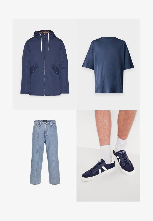 Marineblå polstret jakke med hette, med glidelås foran, to sidelommer med knapper og hvite snorer.; Marineblå kortermet T-skjorte, laget av myk stoff, har en klassisk rund hals og en avslappet passform, uten synlige mønstre eller aksenter.; Lyse blå denimjeans med løs passform, vide ben og synlige sømdetaljer. Har en knapp- og glidelåsåpning samt fem lommer.; Mørkeblå joggesko med hvite detaljer og lisser, med et slankt design, laget av lerret og gummi, med teksturert tå og sider.