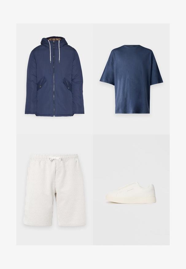 Mørkeblå polstret jakke med hætte, fremhævet af en frontlynlås, to sidelommer med knapper og hvide snore.; Marineblå kortærmet T-shirt, lavet af blødt stof, har en klassisk rund hals og løs pasform, uden synlige mønstre eller accenter.; Lys beige stribede shorts med elastisk talje og snøre. Teksturen ser blød ud, og stoffet har et diskret lodret mønster.; Hvide slip-on sneakers med en struktureret overflade, en tyk sål og et minimalistisk design. Har brandlogoet på siden.