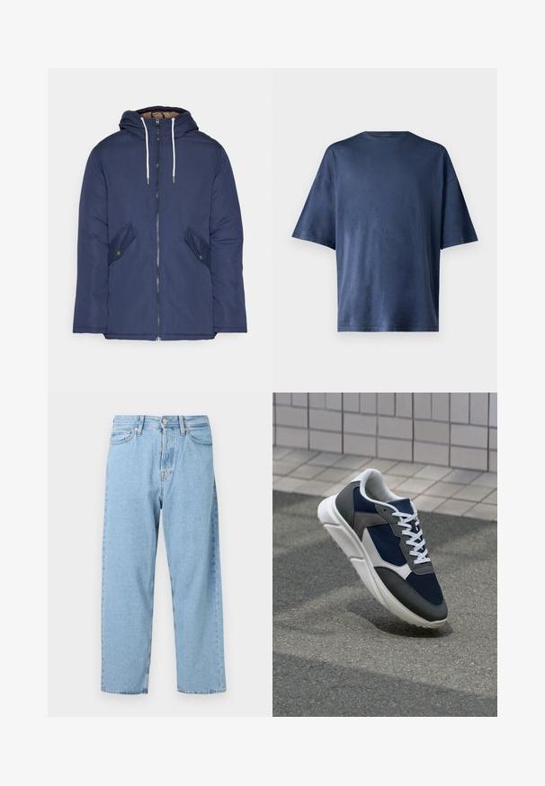 Sötétkék bélelt dzseki kapucnival, elülső cipzárral, két oldalsó zsebbel gombokkal és fehér húzózsinórokkal.; Tengerészkék, rövid ujjú póló, puha anyagból készült, klasszikus kerek nyakkal és laza szabással, látható minták vagy díszítések nélkül.; Világoskék, magas derekú, egyenes szárú farmernadrág öt zsebbel, elülső gombbal és cipzárral.; Cipő, amelynek sötétkék hálós felsőrésze, szürke velúr díszítései, fehér gumitalpa és lapos fehér fűzője van, a kényelem és a légáteresztő képesség érdekében tervezve.