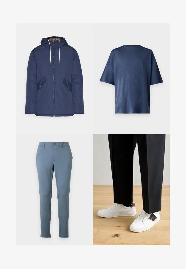 Sötétkék bélelt dzseki kapucnival, elülső cipzárral, két oldalsó zsebbel gombokkal és fehér húzózsinórokkal.; Tengerészkék, rövid ujjú póló, puha anyagból készült, klasszikus kerek nyakkal és laza szabással, látható minták vagy díszítések nélkül.; Világoskék, testhez álló nadrág, puha anyagból készült, sima textúrával, elől gombos záródással és oldalán elegáns varrásokkal.; Fehér sneaker, sima textúrával, barna bőr díszítéssel és fekete részletekkel, fekete szabott nadrággal párosítva. Fából készült padló háttér.