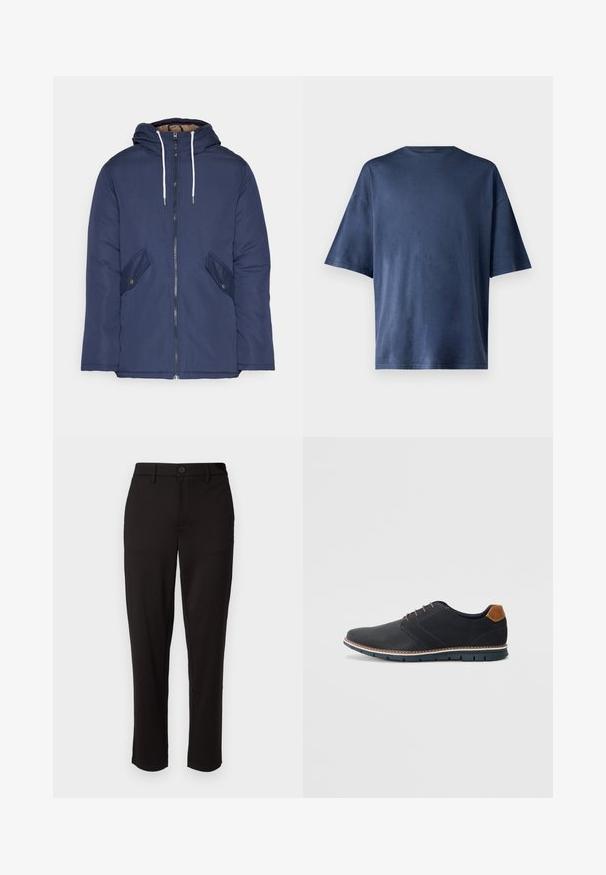 Veste matelassée bleu marine avec capuche, dotée d'une fermeture éclair à l'avant, de deux poches latérales avec boutons et de cordons de serrage blancs.; T-shirt navy bleu à manches courtes, fabriqué en tissu doux, présente un col rond classique et une coupe décontractée, sans motifs ni accents visibles.; Pantalon noir en tissu léger, avec une coupe droite, fermeture à bouton à l'avant, passants de ceinture et poches latérales.; Chaussures synthétiques noires avec un dessus texturé, accents lisses, talon marron et semelle contrastante. Présente un laçage minimal et des détails de couture.