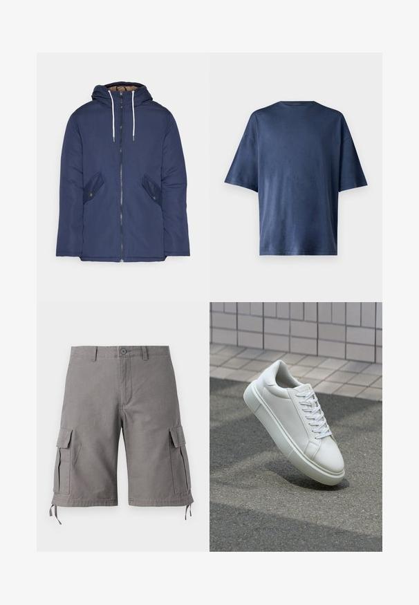 Marineblauwe gewatteerde jas met een capuchon, voorzien van een rits aan de voorkant, twee zijzakken met knopen en witte trekkoorden.; Marineblauwe T-shirt met korte mouwen, gemaakt van zachte stof, heeft een klassieke ronde hals en een relaxed fit, zonder zichtbare patronen of accenten.; Grijze cargoshorts van een katoenmix. Voorzien van zijzakken, verstelbare trekkoorden aan de zoom en een knoopsluiting.; Witte leren sneaker met een glad oppervlak, ronde neus en platte witte veters. Voorzien van een gestructureerde rubberen zool en minimale ontwerpelementen.