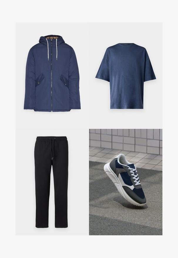 Sötétkék bélelt dzseki kapucnival, elülső cipzárral, két oldalsó zsebbel gombokkal és fehér húzózsinórokkal.; Tengerészkék, rövid ujjú póló, puha anyagból készült, klasszikus kerek nyakkal és laza szabással, látható minták vagy díszítések nélkül.; Fekete melegítőnadrág puha anyagból, rugalmas derékkal és állítható zsinórral, oldalsó zsebekkel és egyenes láb kialakítással.; Cipő, amelynek sötétkék hálós felsőrésze, szürke velúr díszítései, fehér gumitalpa és lapos fehér fűzője van, a kényelem és a légáteresztő képesség érdekében tervezve.