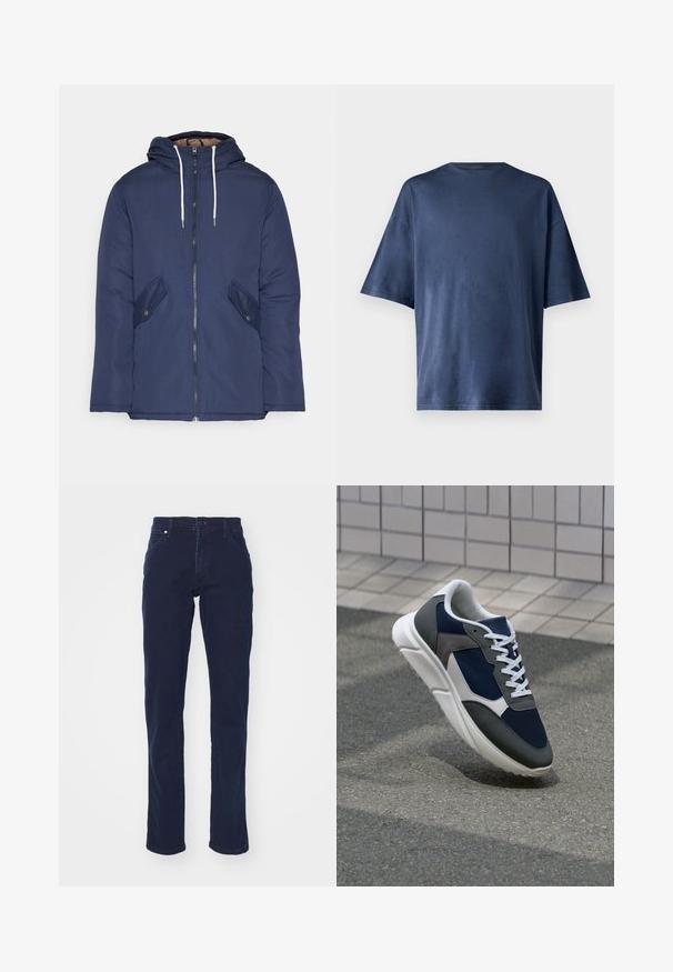 Jūrinė mėlyna pūkinė striukė su kapišonu, turinti priekinį užtrauktuką, dvi šonines kišenes su sagomis ir baltus raiščius.; Tamsiai mėlynas trumpomis rankovėmis marškinėliai, pagaminti iš minkštos medžiagos, pasižymi klasikinio apvalaus kaklo ir laisvo kirpimo, be matomų raštų ar akcentų.; Tamsiai mėlyni džinsai su tiesia kojų kirpimu, priekinėmis kišenėmis ir mygtukų uždarymu. Pasižymi lygiu paviršiumi ir minimaliais siuvimo detalėmis.; Sportiniai bateliai su tamsiai mėlynu tinkliniu viršumi, pilkais zomšiniais akcentais, balta guma padanga ir plokščiomis baltomis raištelėmis, sukurti komfortui ir oro pralaidumui.