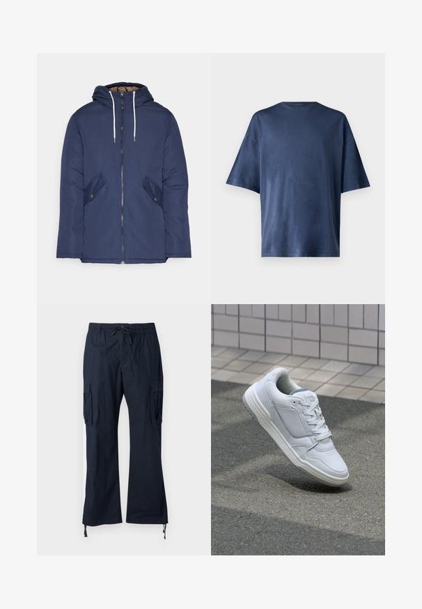 Námornícky modrá vystužená bunda s kapucňou, so zipsom vpredu, dvomi bočnými vreckami s gombíkmi a bielymi šnúrkami.; Námornícky modré tričko s krátkym rukávom, vyrobené z mäkkej látky, má klasický okrúhly výstrih a voľný strih, bez viditeľných vzorov či akcentov.; Námornícke cargo nohavice s elastickým pásom, nastaviteľnou šnúrkou, dvoma bočnými vreckami a zúženými manžetami so šnúrkami. Vyrobené z odolnej látky.; Biele kožené tenisky s perforovanými stranami, textúrovanými akcentmi, plochými šnúrkami a kontrastnou sivou pätou. Majú mierne zvýšenú podrážku.