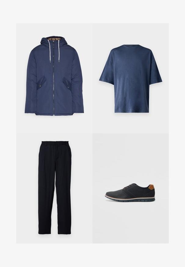 Navy plava podstava jakna s kapuljačom, koja ima prednji patentni zatvarač, dva bočna džepa s gumbima i bijele špage.; Mornarsko plava kratka majica s kratkim rukavima, izrađena od mekog materijala, ima klasičan okrugli izrez i ležeran kroj, bez vidljivih uzoraka ili naglasaka.; Libertine-Libertine ALIVE - Hlače - dark navy; Crne sintetičke cipele s teksturiranim gornjim dijelom, glatkim akcentima, smešnim petom i kontrastnom potplatom. Imaju minimalne vezice i detalje šivanja.
