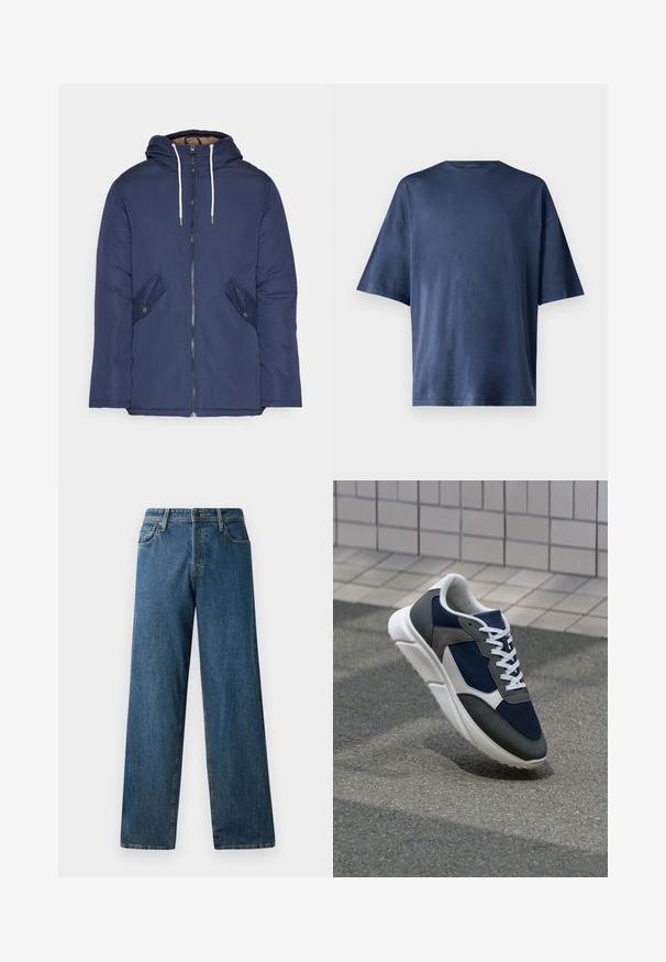 Jūrinė mėlyna pūkinė striukė su kapišonu, turinti priekinį užtrauktuką, dvi šonines kišenes su sagomis ir baltus raiščius.; Tamsiai mėlynas trumpomis rankovėmis marškinėliai, pagaminti iš minkštos medžiagos, pasižymi klasikinio apvalaus kaklo ir laisvo kirpimo, be matomų raštų ar akcentų.; Tamsiai mėlynos džinsinės kelnes su laisvu siluetu, tiesiomis kojomis, penkiomis kišenėmis ir kontrastingais siūlais. Yra priekinis užsegimas su mygtuku ir užtrauktuku.; Sportiniai bateliai su tamsiai mėlynu tinkliniu viršumi, pilkais zomšiniais akcentais, balta guma padanga ir plokščiomis baltomis raištelėmis, sukurti komfortui ir oro pralaidumui.