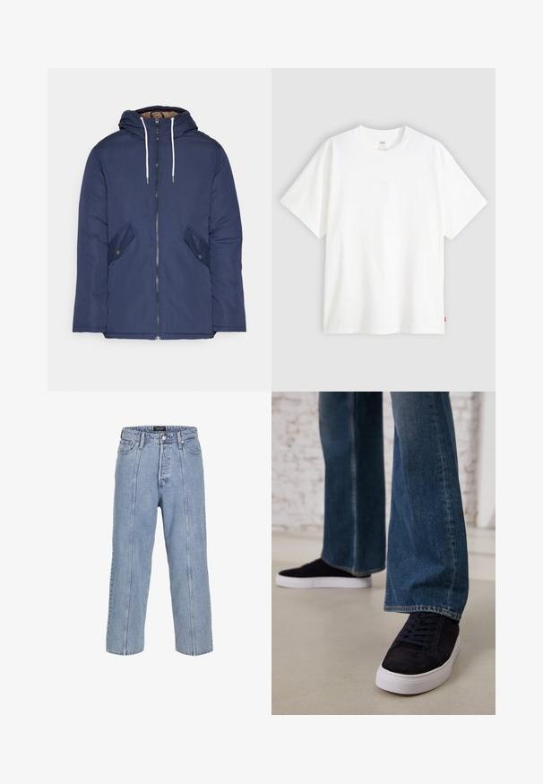 Navy blue padded jacket with a hood, featuring a front zipper, two side pockets with buttons, and white drawstrings.; White short-sleeve t-shirt made of cotton with a crew neck. Features subtle embossed logo detail on the front and a red label at the hem.; Light blue denim jeans with a loose fit, wide legs, and visible stitching details. Features a button and zip fly closure, five pockets.; Dark blue suede sneakers with a white rubber sole and laces, paired with wide-leg denim jeans in a medium blue wash.