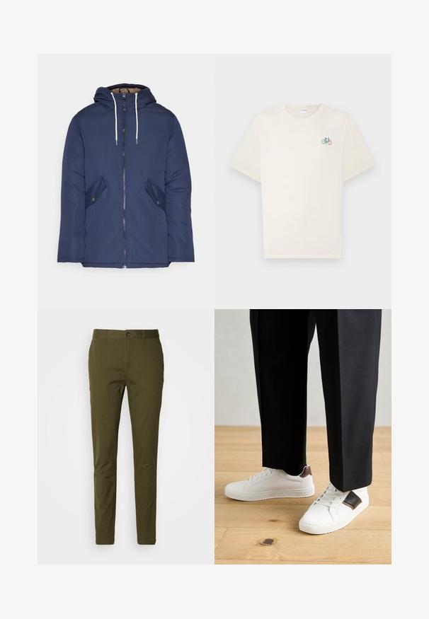 Jūras zila pufīgā jaka ar kapuci, kas aprīkota ar priekšējo rāvējslēdzēju, divām sānu kabatām ar pogām un baltiem aukliņām.; Krējuma krāsas kokvilnas krekls ar īsām piedurknēm, kurā kreisajā krūtīs ir neliela daudzkrāsu velosipēda grafika.; Olīvu zaļi bikses, izgatavotas no gludas kokvilnas, ar pogu aizdari, slaidu piegriezumu un minimālām šuvēm jostasvietā.; Baltā pārsoļa apavi ar gludu tekstūru, papildināti ar brūniem ādas akcentiem un melniem elementiem, savienoti ar melnām pielāgotām biksēm. Koka grīdas fons.