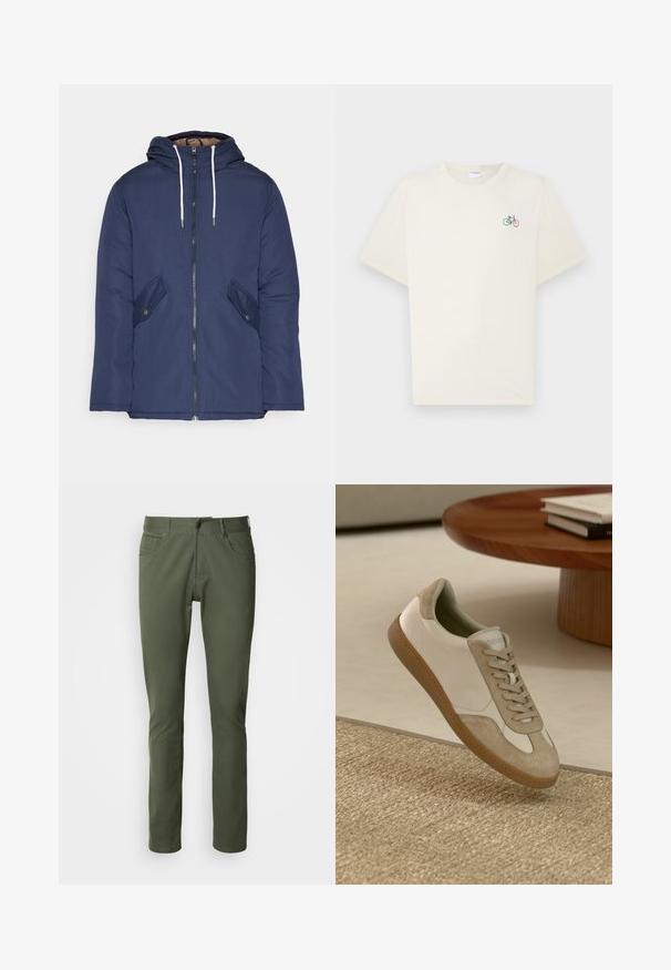 Námorně modrá prošívaná bunda s kapucí, která má přední zip, dvě boční kapsy s knoflíky a bílé šňůrky.; Krémový bavlněný tričko s krátkými rukávy, s malou barevnou grafikou bicyklu na levé hrudi.; Olivově zelené kalhoty vyrobené ze směsi bavlny, klasického rovného střihu, s pěti kapsami a kovovým zapínáním. Hladká textura.; Lehká teniska s bílým koženým svrškem a béžovými semišovými akcenty, kulatou špičkou a texturovanou hnědou gumovou podrážkou.