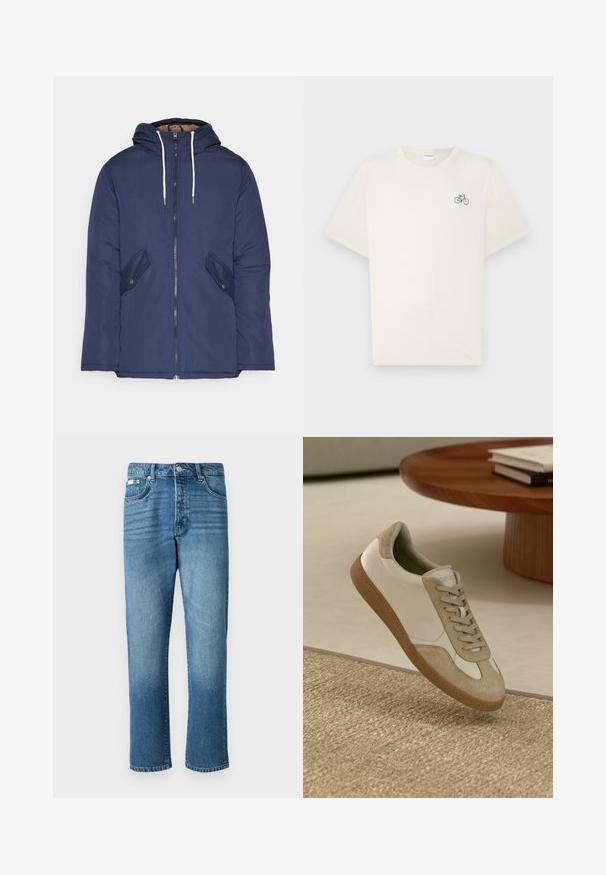 Marineblauwe gewatteerde jas met een capuchon, voorzien van een rits aan de voorkant, twee zijzakken met knopen en witte trekkoorden.; Crème-kleurig katoenen t-shirt met korte mouwen, met een kleine multicolor fietsafbeelding op de linkerborst.; Lichtblauwe denim jeans met een rechte pijp, voorzien van een knoopsluiting, vijf zakken en subtiele vervaging op de dijen en de zoom.; Lichte sneaker met een witte leren bovenkant en beige suède accenten, een ronde neus en een gestructureerde bruine rubberen zool.