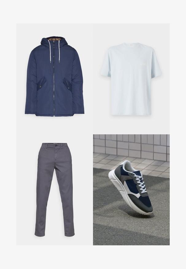 Mørkeblå polstret jakke med hætte, fremhævet af en frontlynlås, to sidelommer med knapper og hvide snore.; Lyseblå bomulds t-shirt med rund hals og korte ærmer. Har et lille hvidt logo på venstre brystområde. Glat tekstur.; Grå bomuldsbukser med lige snit, udstyret med knaplukning, bæltestropper og sidelommer. Glat tekstur og ingen synlige mønstre.; Sneakers med en overdel i marineblå mesh, grå suedeteksturer, hvid gummisål og flade hvide snørebånd, designet til komfort og åndbarhed.