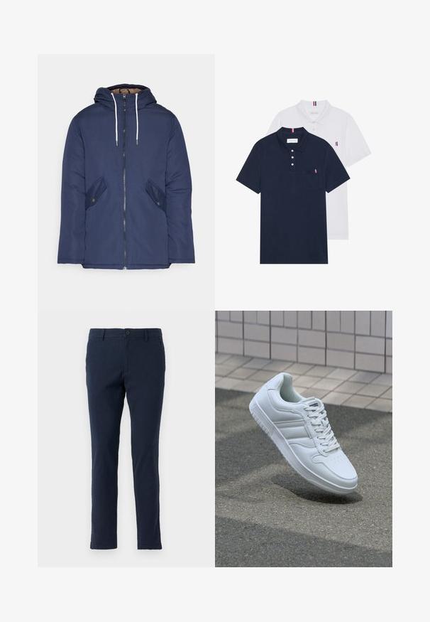 Navy plava podstava jakna s kapuljačom, koja ima prednji patentni zatvarač, dva bočna džepa s gumbima i bijele špage.; Dva polo majice: jedna tamnoplava i jedna bijela, obje s malim crveno-bijelim-plavim naglaskom na džepu i ovratniku.; Tamno plave pamučne chinosice slim kroja, sa zatvaranjem na dugme i patentni zatvarač, petljama za remen, te prednjim i stražnjim džepovima. Glatka tekstura.; Bijela atletska tenisica s glatkim kožnim gornjim dijelom, vezanjem sprijeda, perforiranim vrhom i uzorkovanim đonom. Minimalistički dizajn s tri bočne pruge.