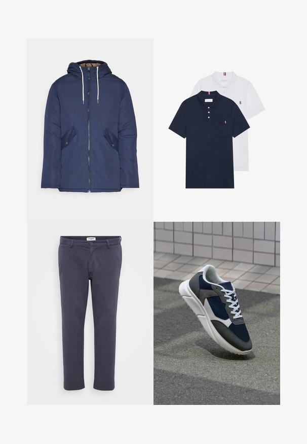 Chaqueta acolchada de color azul marino con capucha, cuenta con un cierre frontal de cremallera, dos bolsillos laterales con botones y cordones blancos.; Dos camisetas polo: una de color azul marino y otra blanca, ambas con un pequeño acento en rojo, blanco y azul en el bolsillo del pecho y el cuello.; Pantalones azul marino de tejido suave con corte slim, que cuentan con bolsillos delanteros, cierre de botón y un acabado limpio en el dobladillo.; Zapatillas con una parte superior de malla azul marino, detalles en gamuza gris, suela de goma blanca y cordones blancos planos, diseñadas para la comodidad y transpirabilidad.