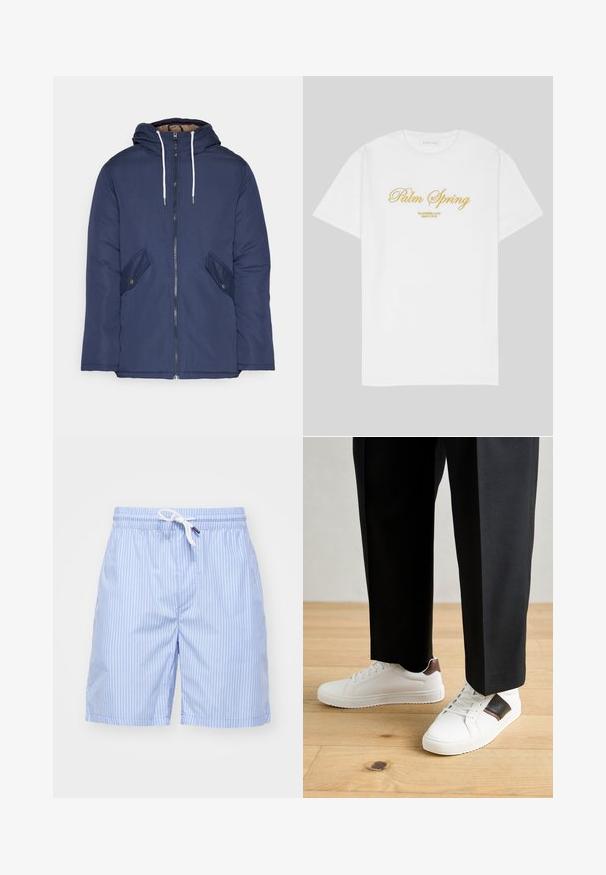 Mørkeblå polstret jakke med hætte, fremhævet af en frontlynlås, to sidelommer med knapper og hvide snore.; Hvid bomulds t-shirt med guldtekst, der skriver "Palm Spring" med "California Love Eighty Five" nedenfor, afslappet pasform, rund halsudskæring.; Lyseblå stribede badeshorts lavet af glat stof. Har en hvid snor og sidelommer. Længden er midt på låret med lige snit.; Hvide sneakers med glat tekstur, prydet med brune læderdetaljer og sorte detaljer, sammen med sorte skræddersyede bukser. Baggrund med trægulv.