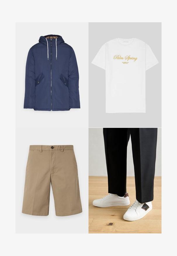 Jūrinė mėlyna pūkinė striukė su kapišonu, turinti priekinį užtrauktuką, dvi šonines kišenes su sagomis ir baltus raiščius.; Balta medvilnės marškinėliai su auksiniu užrašu "Palm Spring" ir "California Love Eighty Five" žemiau, laisvas kirpimas, apvalus kaklas.; Šviesiai rudos medvilnės šortai, tiesaus kirpimo, su dviem priekinėmis kišenėmis ir sagčių užsegimu. Lygus paviršius su minimalistiniu dizainu.; Balti sportbačiai su glotnia danga, puošti rudais odiniais akcentais ir juodais detalėmis, derinami su juodais pritaikytais kelnėmis. Medinių grindų fonas.