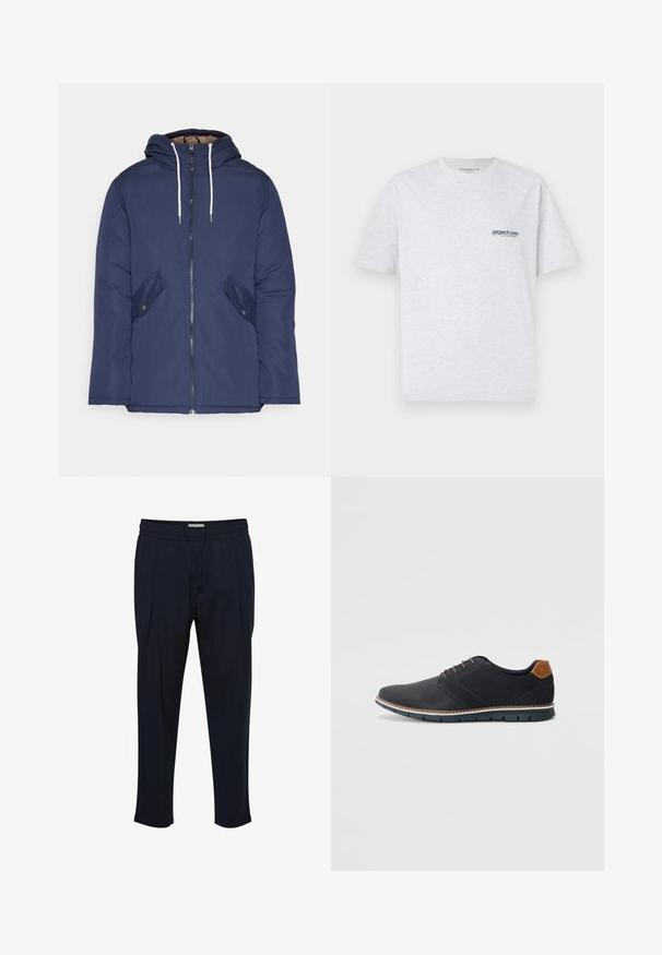 Chaqueta acolchada de color azul marino con capucha, cuenta con un cierre frontal de cremallera, dos bolsillos laterales con botones y cordones blancos.; Camiseta gris de manga corta con un pequeño logo azul "project core" en el lado izquierdo del pecho, presentada sobre un fondo liso.; Pantalones ajustados de color azul marino con cintura de cordón, frente plisado y tobillo entallado. Hechos de una tela suave y ligera.; Zapatos sintéticos negros con un upper texturizado, acentos lisos, tacón marrón y una suela en contraste. Presenta un cordón mínimo y detalles de costura.