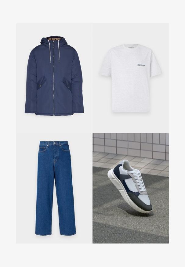 Casaco acolchoado azul-marinho com capuz, apresentando um fecho frontal com zíper, dois bolsos laterais com botões e cordões brancos.; T-shirt cinza de manga curta com um pequeno logótipo azul "project core" no lado esquerdo do peito, exibido em fundo simples.; Jeans azul de perna larga, feitos de denim, com cintura alta, design de cinco bolsos e costura em contraste ao longo das costuras e bolsos.; Sapatilhas brancas, azuis-marinho e cinzas com um design de materiais mistos, apresentando uma parte superior texturizada, atacadores planos e uma sola acolchoada.