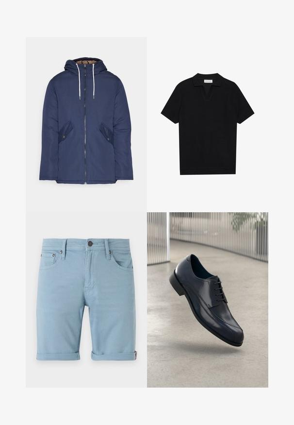 Mornarsko modra podložena jakna s kapuco, ki ima sprednji zadrgo, dva stranska žepa s gumbi in bele vrvice.; Črna polo majica s kratkimi rokavi iz strukturirane rebraste tkanine, z V-izrezom in ravnim robom. Brez vidnih logotipov ali vzorcev.; Svjetloplave traper šortse s klasičnim dizajnom s pet džepova, prelivenim rubovima, detaljima šivanja sprijeda i straga te tamnim kopčanjem.; Svetleče črne usnjene čevlje za obleko z vezalkami, ki lebdi nad gladko, svetlo sivo tlemi ter vertikalnimi kovinskimi palicami v ozadju.