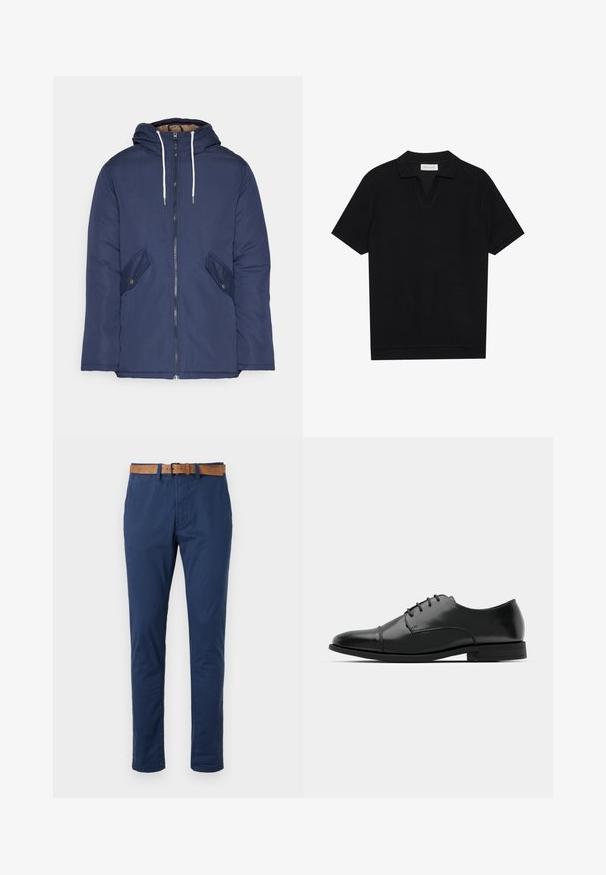 Mornarsko modra podložena jakna s kapuco, ki ima sprednji zadrgo, dva stranska žepa s gumbi in bele vrvice.; Črna polo majica s kratkimi rokavi iz strukturirane rebraste tkanine, z V-izrezom in ravnim robom. Brez vidnih logotipov ali vzorcev.; Temno modri chinos hlače iz bombaža, z ravnim krojem, zankami za pas in rjavim usnjenim pasom. Gladka tekstura s klasičnim dizajnom.; Črne usnjene moške čevlje z zaobljenim nosom, s sistemom vezalk, diskretnimi šivi in nizkih petah. Gladka tekstura s sijočim zaključkom.