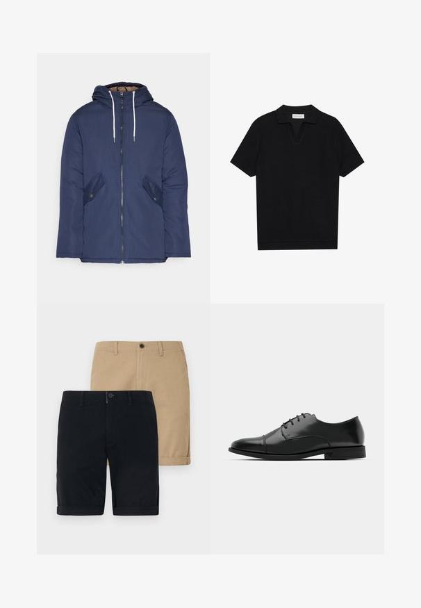 Mornarsko modra podložena jakna s kapuco, ki ima sprednji zadrgo, dva stranska žepa s gumbi in bele vrvice.; Črna polo majica s kratkimi rokavi iz strukturirane rebraste tkanine, z V-izrezom in ravnim robom. Brez vidnih logotipov ali vzorcev.; Dva para hlač: en par navy modrih in en par khaki. Obe sta iz bombaža, imata ravno sprednjo stran, zavihke na robovih in gumbasto zapiranje.; Črne usnjene moške čevlje z zaobljenim nosom, s sistemom vezalk, diskretnimi šivi in nizkih petah. Gladka tekstura s sijočim zaključkom.