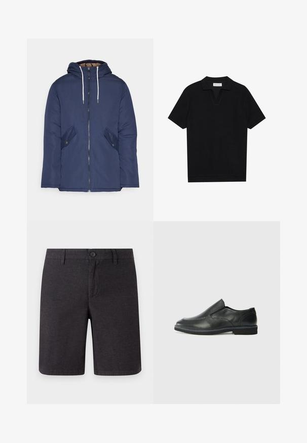 Navy blue padded jacket with a hood, featuring a front zipper, two side pockets with buttons, and white drawstrings.; Black short-sleeve polo shirt with a textured, ribbed fabric, featuring a v-neckline and a straight hem. No visible logos or patterns.; Dark gray shorts made of woven fabric, featuring a button closure, belt loops, and a straight leg design, with clean hems and side pockets.; Black leather slip-on shoe with a smooth upper, stitched accents, rounded toe, and a low rubber heel. Sole features minimal tread.