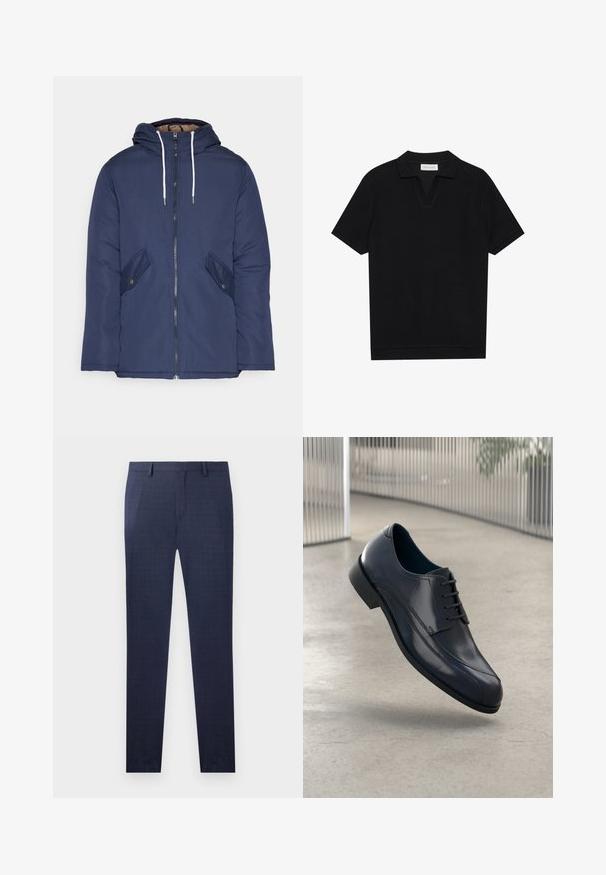 Casaco acolchoado azul-marinho com capuz, apresentando um fecho frontal com zíper, dois bolsos laterais com botões e cordões brancos.; Polo preto de manga curta com tecido texturizado e canelado, apresentando um decote em V e uma bainha reta. Sem logótipos ou padrões visíveis.; Calças azul-marinho com um padrão xadrez subtil, feitas de um tecido suave, com um corte ajustado e pernas retas, sem hardware visível.; Sapato de dress em couro preto brilhante com atacadores, flutuando acima de um chão liso e cinza claro, com barras metálicas verticais ao fundo.