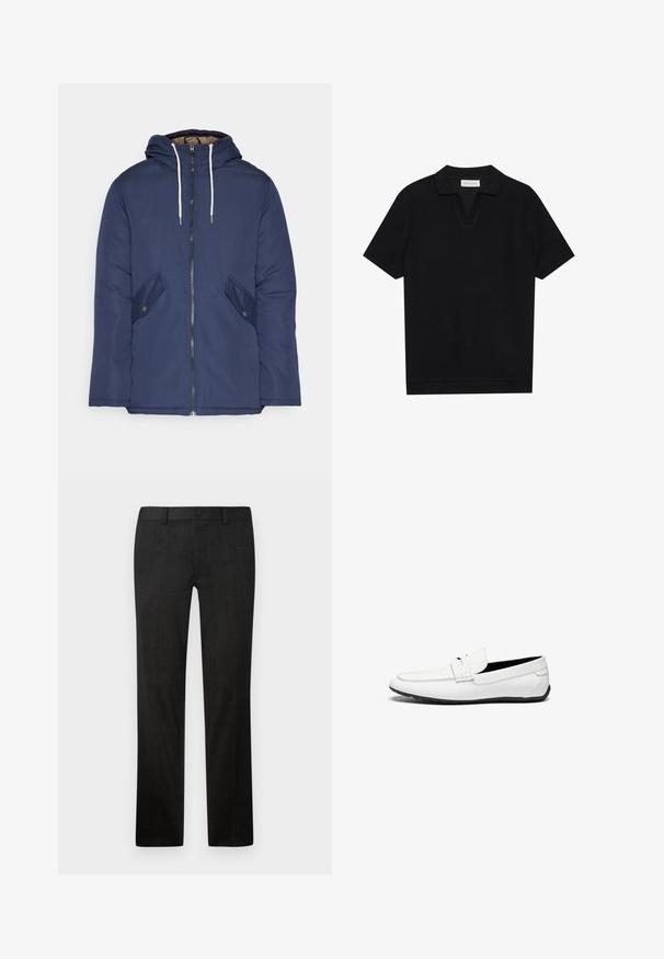 Námornícky modrá vystužená bunda s kapucňou, so zipsom vpredu, dvomi bočnými vreckami s gombíkmi a bielymi šnúrkami.; Čierna polo tričko s krátkymi rukávmi, vyrobené z textúrovaného, rebrovaného materiálu, s véčkovým výstrihom a rovnými okrajmi. Bez viditeľných log a vzorov.; Čierne upravené nohavice z textúrovaného materiálu s rovnými nohavicami, predný zips a zapínanie na gombík.; Biele kožené loafers s hladkým povrchom, so šitým akcentom, zaoblenou špičkou a čiernou gumovou podrážkou pre lepšiu priľnavosť.