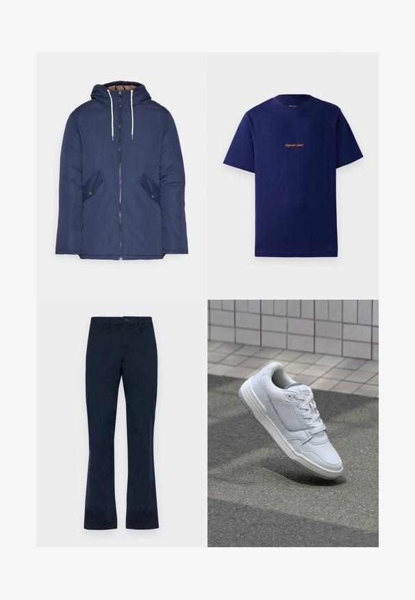 Marineblå polstret jakke med hette, med glidelås foran, to sidelommer med knapper og hvite snorer.; Marineblå bomull t-skjorte med korte ermer. Har en liten, oransje brodert logo på brystet. Klassisk rund hals-designer.; Mørkeblå bomullbukser med rett ben-design, med frontknapplukking, beltehemper og to sidelommer. Glatt tekstur.; Hvite lær sneakers med perforerte sider, teksturerte detaljer, flate lisser og en kontrasterende grå hæl. Har en lite hevet såle.