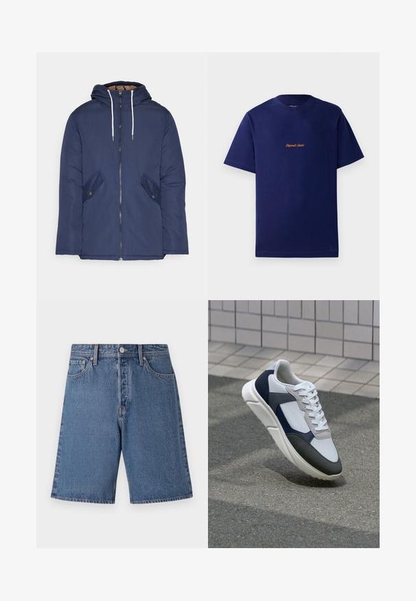 Veste matelassée bleu marine avec capuche, dotée d'une fermeture éclair à l'avant, de deux poches latérales avec boutons et de cordons de serrage blancs.; T-shirt en coton bleu marine à manches courtes. Présente un petit logo brodé orange sur la poitrine. Design classique à col rond.; Shorts en denim bleu clair avec une texture délavée, design à cinq poches et fermeture à bouton au niveau de la taille.; Baskets blanches, bleu marine et grises avec un design en matériaux mélangés, présentant une tige texturée, des lacets plats et une semelle rembourrée.