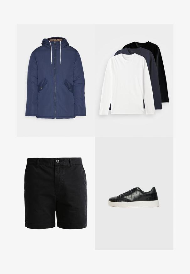 Sötétkék bélelt dzseki kapucnival, elülső cipzárral, két oldalsó zsebbel gombokkal és fehér húzózsinórokkal.; Három hosszú ujjú póló halmozva: egy fehér, egy sötét tengeri kék és egy fekete. Simított pamutból készült, kerek nyakkivágással és oldalsó hasítékokkal rendelkezik.; Fekete pamutsort sima textúrával, gombos záródással és feltekert szegélyekkel. Övhurkokkal és elülső zsebekkel rendelkezik a praktikum érdekében.; Fekete sportcipő, amely texturált krokodilbőr felsőrésszel, kerek orral és sima felületű, kontrasztos fehér gumitalppal rendelkezik.