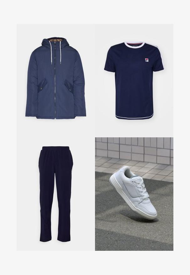 Giacca imbottita blu navy con cappuccio, dotata di zip frontale, due tasche laterali con bottoni e lacci bianchi.; T-Shirt a maniche corte blu navy con colletto a coste bianco, caratterizzato da dettagli a righe rosse e bianche sulle spalle e una toppa con logo.; Pantaloni jogger leggeri di colore navy, con vita elasticizzata, tasche laterali e dettaglio del logo sulla gamba sinistra. Texture liscia e taglio dritto.; Sneaker bianca in pelle con lati perforati, accenti testurizzati, lacci piatti e tallone grigio a contrasto. Presenta una suola leggermente elevata.