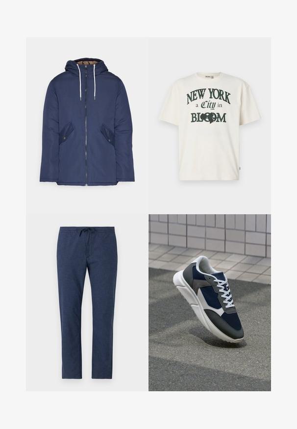 Marineblau gepadded Jacke mit Kapuze, ausgestattet mit einem Reißverschluss vorne, zwei seitlichen Taschen mit Knöpfen und weißen Kordeln.; Krämfarbendes Baumwoll-T-Shirt mit kurzen Ärmeln, das ein gedrucktes Design mit der Aufschrift "NEW YORK eine Stadt im BLÜHEN" in dunkelgrün zeigt.; Marineblaue Hosen aus leichtem Material, mit einem elastischen Bund und Kordelzug sowie geradem Schnitt.; Sneaker mit einem Obermaterial aus navyblauem Mesh, grauen Wildlederelementen, einer weißen Gummisohle und flachen weißen Schnürsenkeln, entworfen für Komfort und Atmungsaktivität.