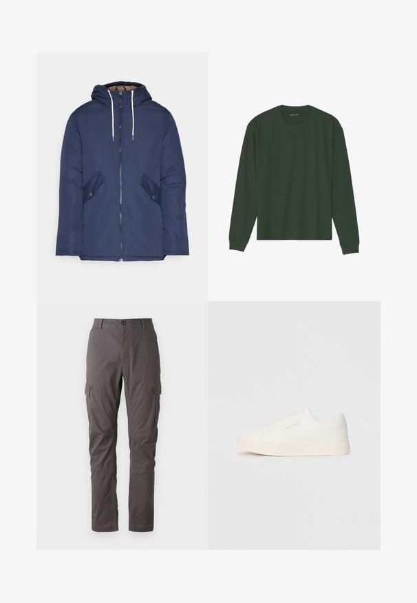Marineblau gepadded Jacke mit Kapuze, ausgestattet mit einem Reißverschluss vorne, zwei seitlichen Taschen mit Knöpfen und weißen Kordeln.; Grünes Langarm-T-Shirt aus Baumwolle, mit rundem Halsausschnitt, geradem Saum und gerippten Bündchen. Keine sichtbaren Muster oder Akzente.; Graue Cargo-Hosen mit geradem Schnitt, ausgestattet mit mehreren Seitentaschen und verstärkten Nähten entlang der Beine. Hergestellt aus strapazierfähigem Stoff.; Weiße Slip-On-Sneaker mit einer strukturierten Oberfläche, dicker Sohle und minimalistischem Design. Mit Logo der Marke an der Seite.