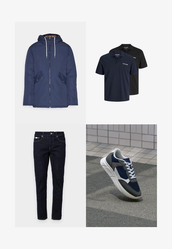 Navy blue padded jacket with a hood, featuring a front zipper, two side pockets with buttons, and white drawstrings.; Two polo shirts: one navy with white logo and one black. Both feature a classic collar and short sleeves, made from lightweight fabric.; Dark blue denim jeans with a slim fit, five pockets, traditional stitching, and a metal button closure at the waistband. Crisp texture.; Sneaker featuring a navy blue mesh upper, gray suede accents, white rubber sole, and flat white laces, designed for comfort and breathability.